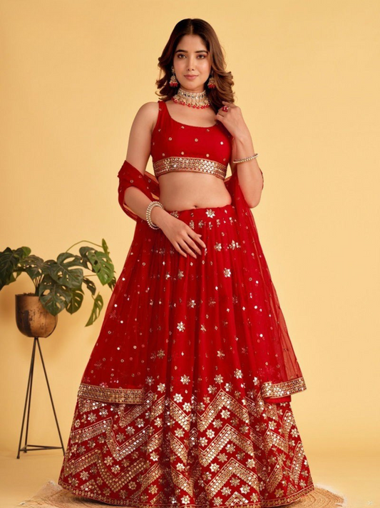 Red Bridal Party Wear Lehenga Choli with Dupatta | Heavy Embroidered Indian Wedding Outfit