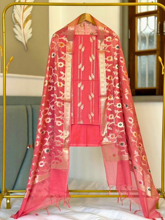 Banarasi Chanderi Cotton Dress Material with Zari & Floral Weaving – Unstitched Party & Festive Wear Suit