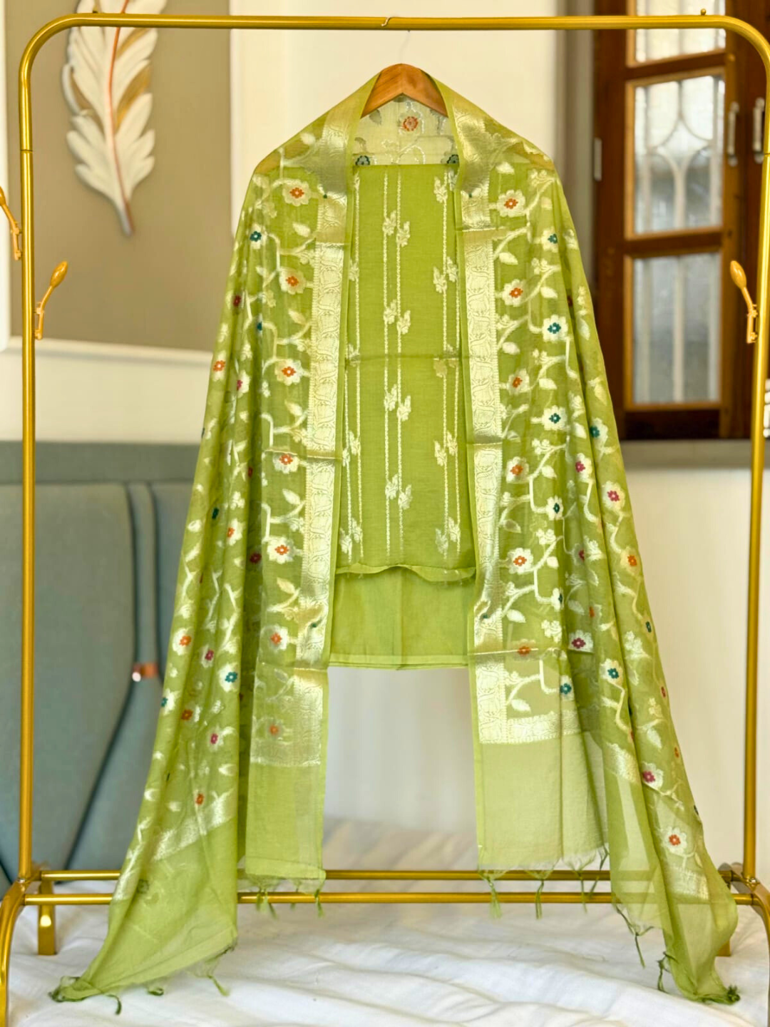 Banarasi Chanderi Cotton Dress Material with Zari & Floral Weaving – Unstitched Party & Festive Wear Suit
