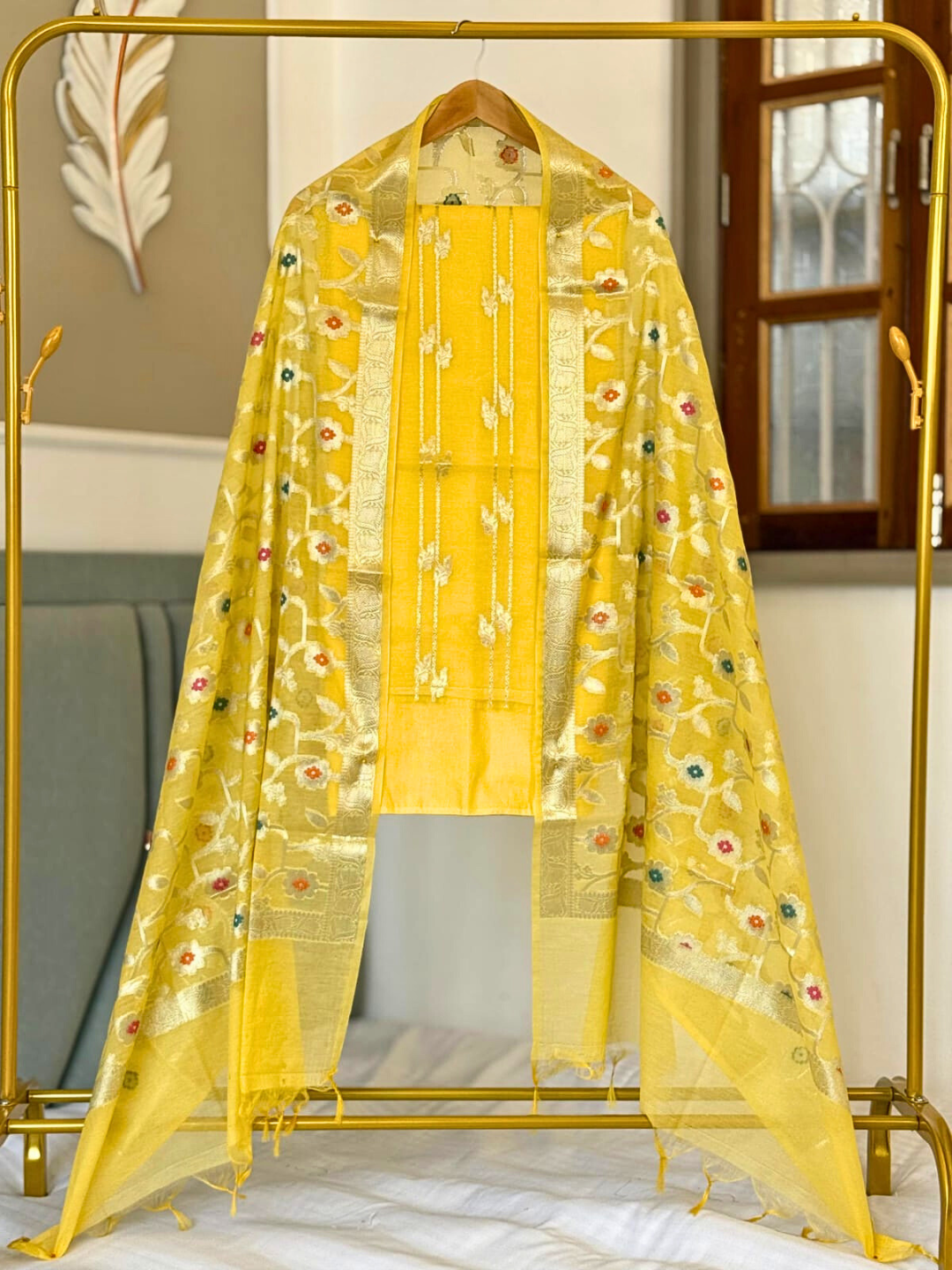 Banarasi Chanderi Cotton Dress Material with Zari & Floral Weaving – Unstitched Party & Festive Wear Suit