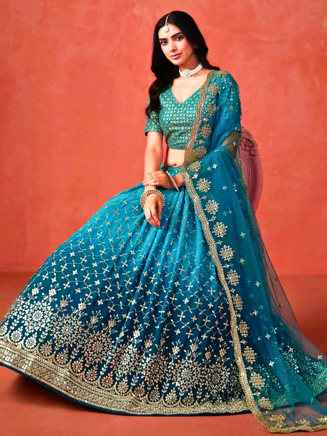 Turquoise Blue Embroidered Wedding Lehenga Choli | Party & Festive Wear
