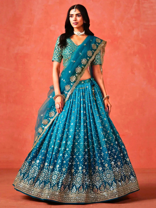 Turquoise Blue Embroidered Wedding Lehenga Choli | Party & Festive Wear