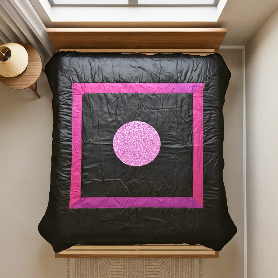 Queen Size Black Satin Quilt with Sequin Center | Elegant Handmade Bedspread for Modern Bedrooms
