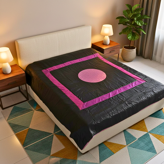 Queen Size Black Satin Quilt with Sequin Center | Elegant Handmade Bedspread for Modern Bedrooms