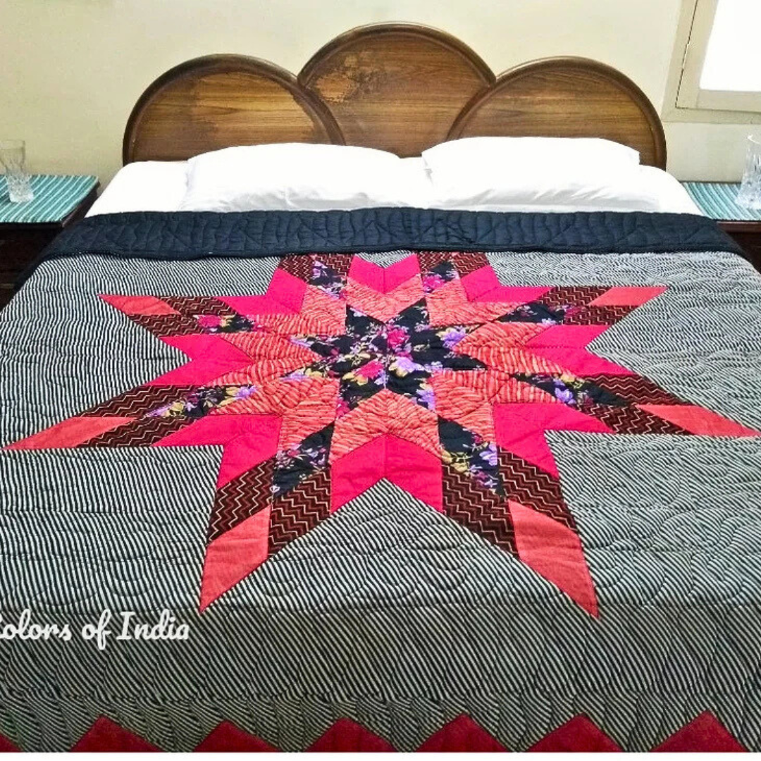 Black Handmade Queen Size Quilt, Black Beauty Bedspread