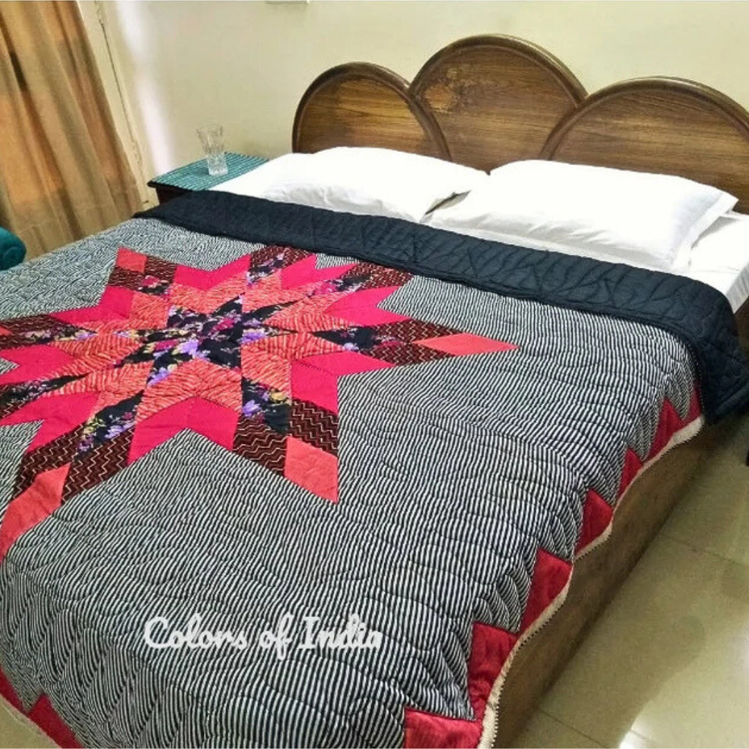 Black Handmade Queen Size Quilt, Black Beauty Bedspread