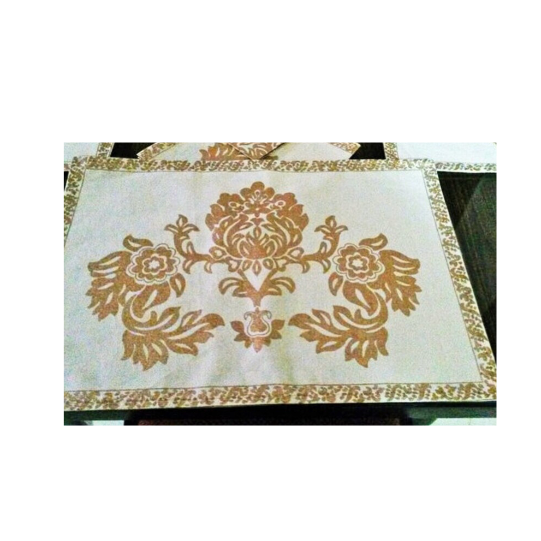 Elegant Christmas Dining Set | Off-White & Gold Table Mats with Matching Napkins | Holiday Table Decor