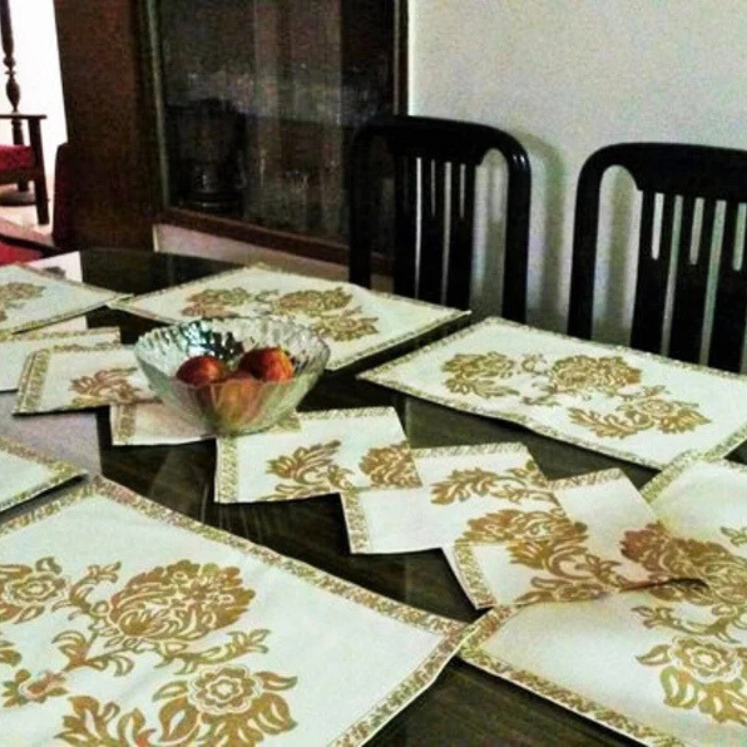 Elegant Christmas Dining Set | Off-White & Gold Table Mats with Matching Napkins | Holiday Table Decor