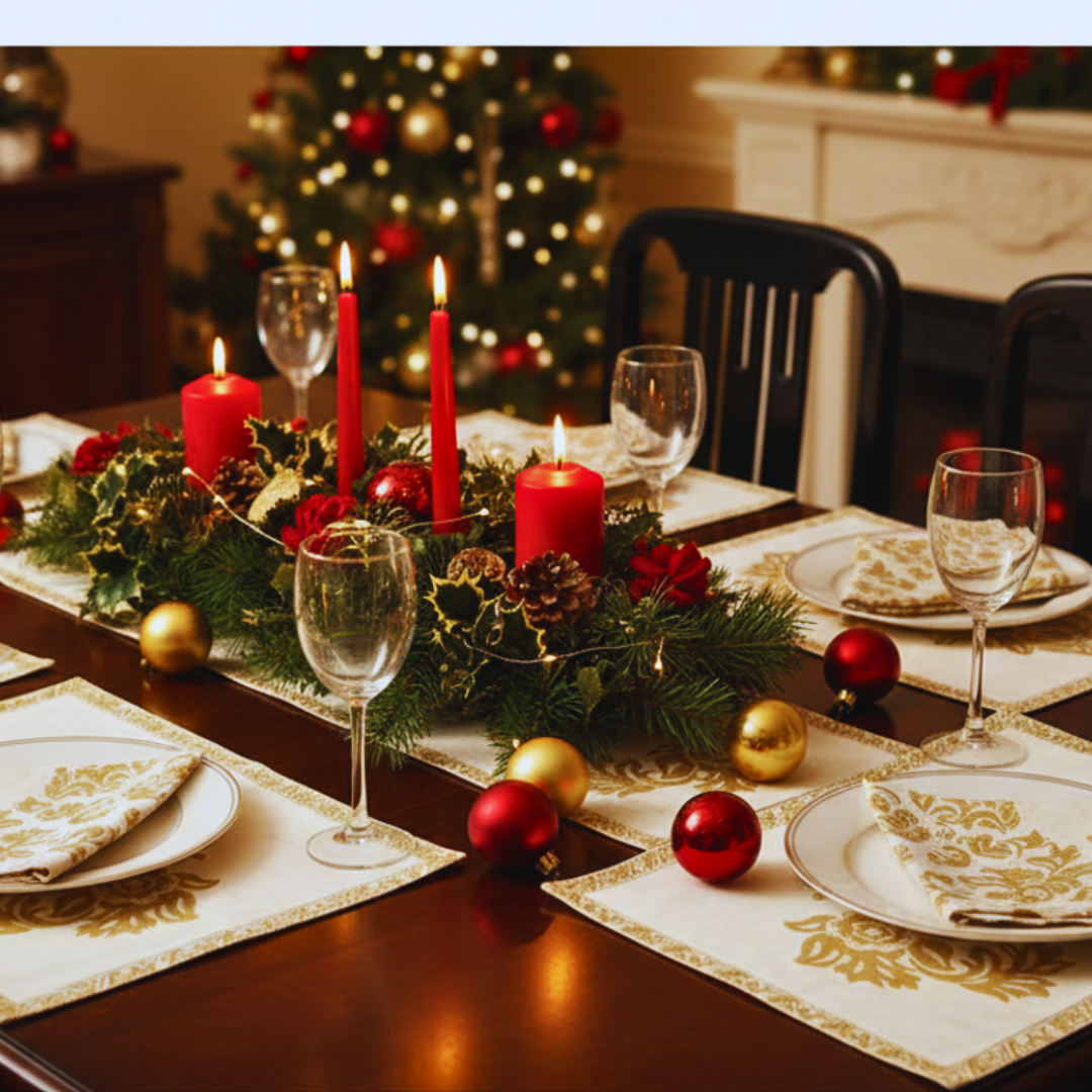 Elegant Christmas Dining Set | Off-White & Gold Table Mats with Matching Napkins | Holiday Table Decor