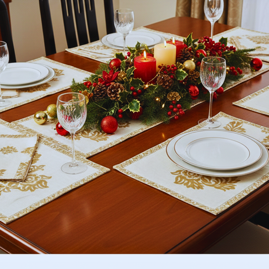 Elegant Christmas Dining Set | Off-White & Gold Table Mats with Matching Napkins | Holiday Table Decor