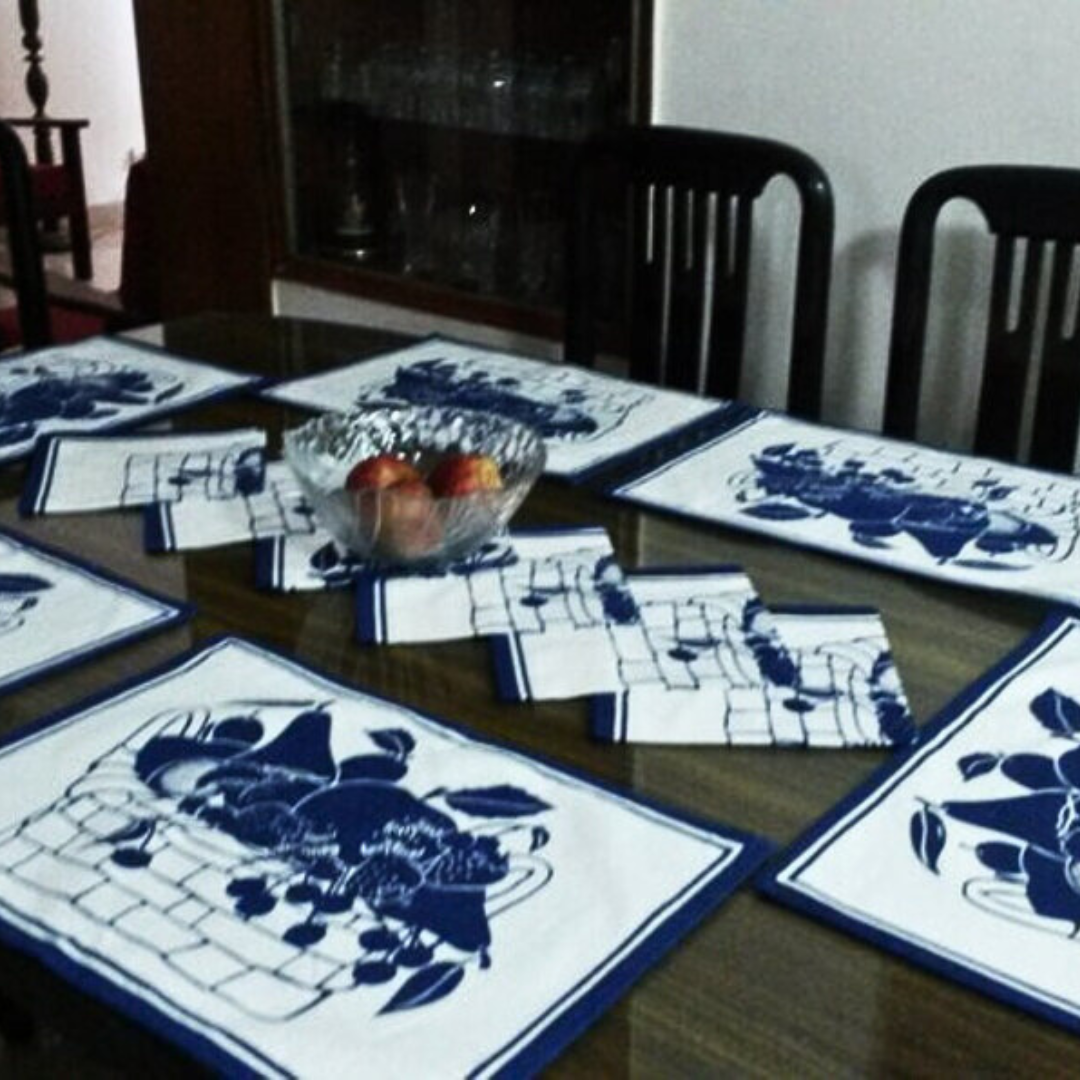 Christmas Table Mats & Napkins Set | White & Blue Cotton Printed Placemats | Festive  Dining Table Linen