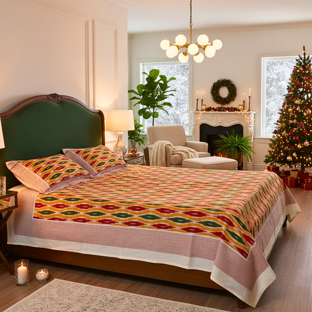 Handmade Ikat Cotton Bedspread Queen Size | 100% Cotton Handloom Bedding