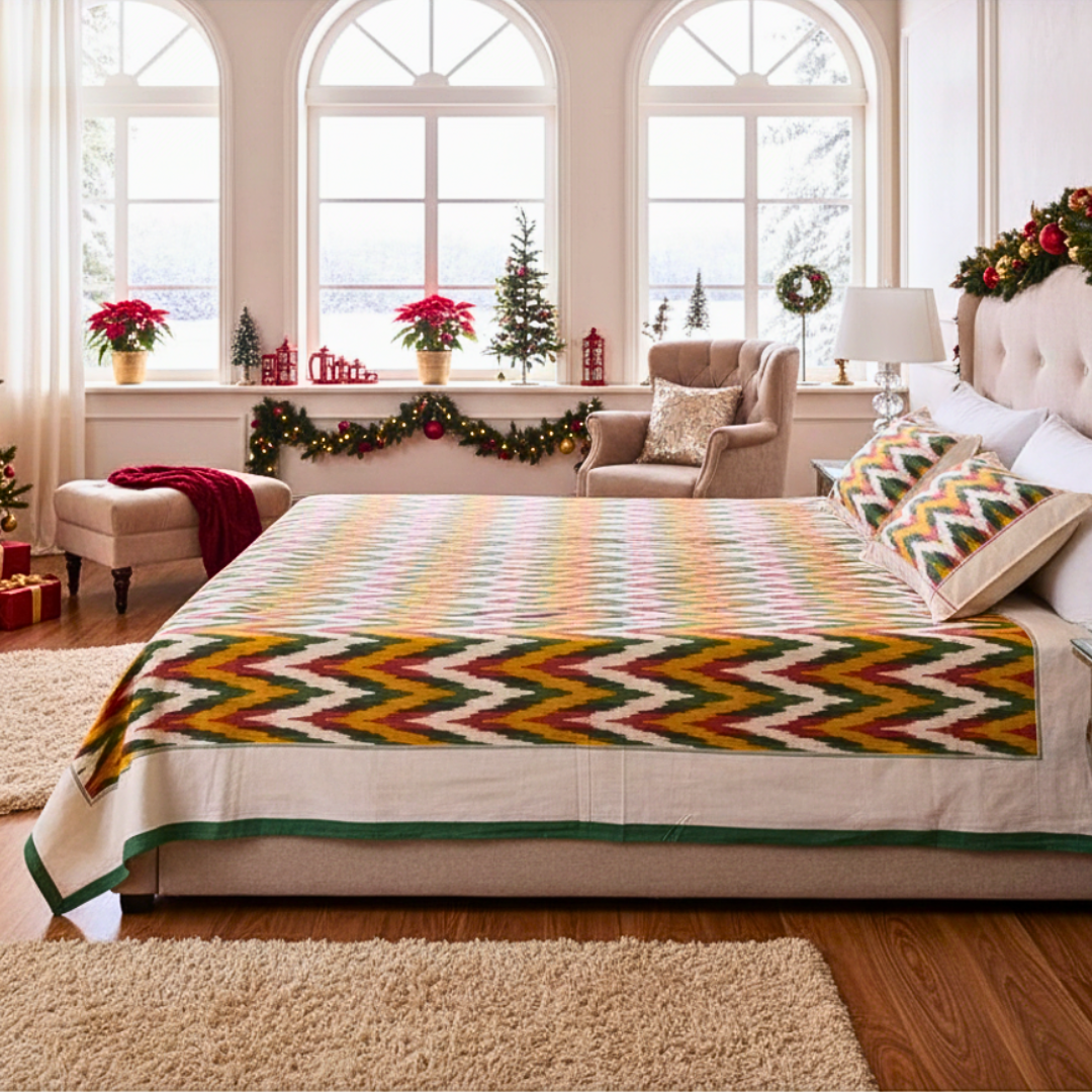 Multicolor Handloom Ikat Bedcover with Pillow Covers | Soft 100% Cotton Bedding