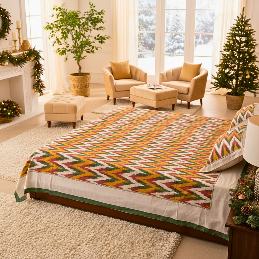 Multicolor Handloom Ikat Bedcover with Pillow Covers | Soft 100% Cotton Bedding