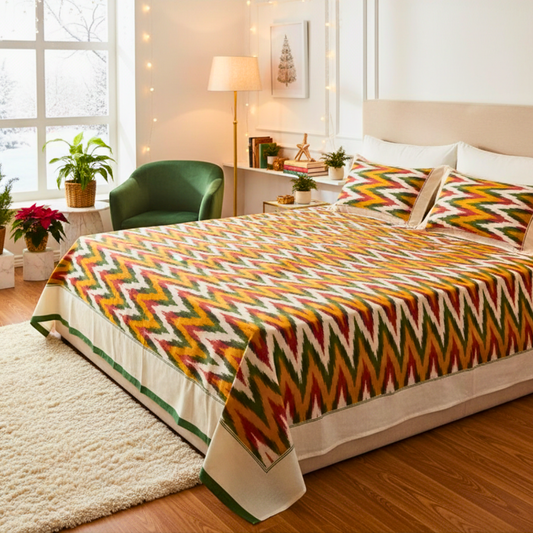 Multicolor Handloom Ikat Bedcover with Pillow Covers | Soft 100% Cotton Bedding