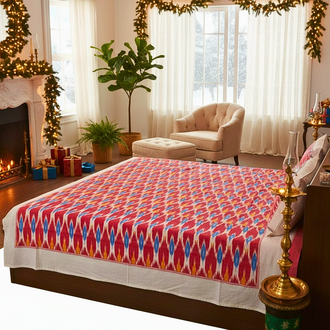Red 100% Cotton Ikat Bedcover with Pillow Covers