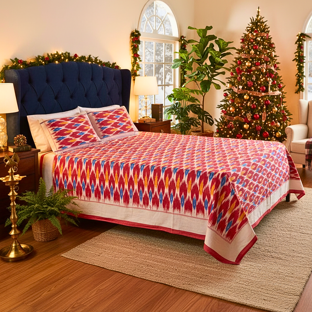 Red 100% Cotton Ikat Bedcover with Pillow Covers