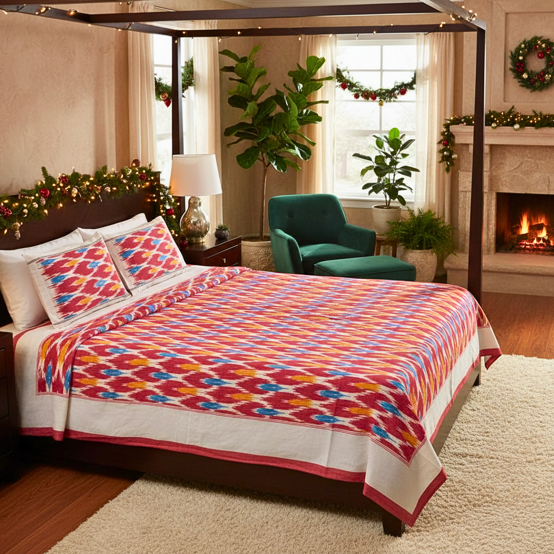Red 100% Cotton Ikat Bedcover with Pillow Covers