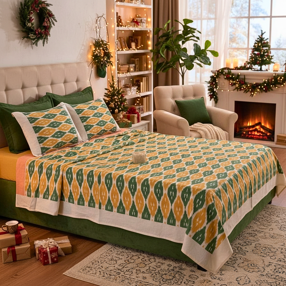 Green and Yellow handwoven Ikat Bedcover with Pillow Covers