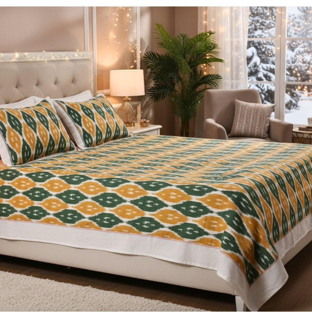 Green and Yellow handwoven Ikat Bedcover with Pillow Covers
