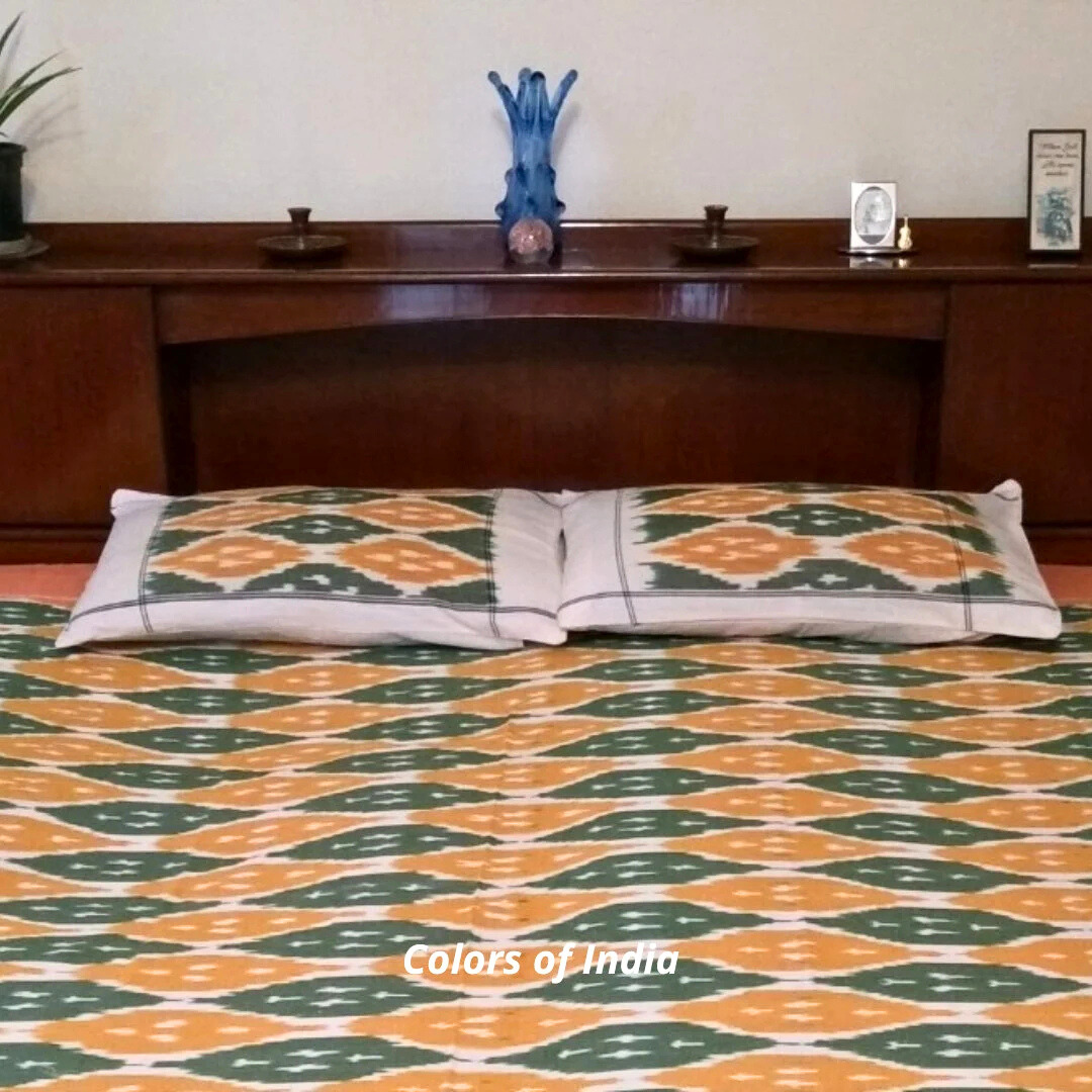 Green and Yellow handwoven Ikat Bedcover with Pillow Covers