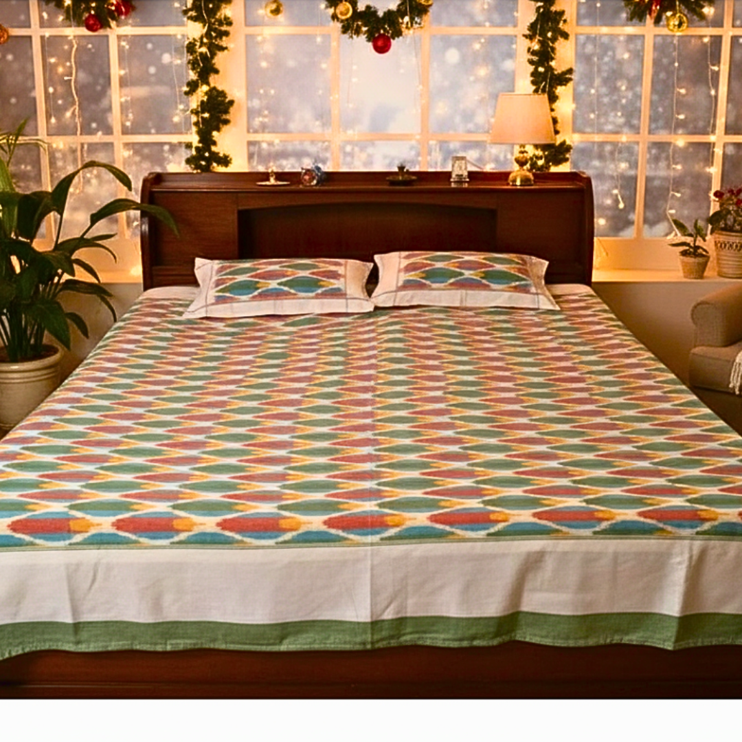 Pastel Ikat Cotton Bedspread Queen Size with Pillow Covers