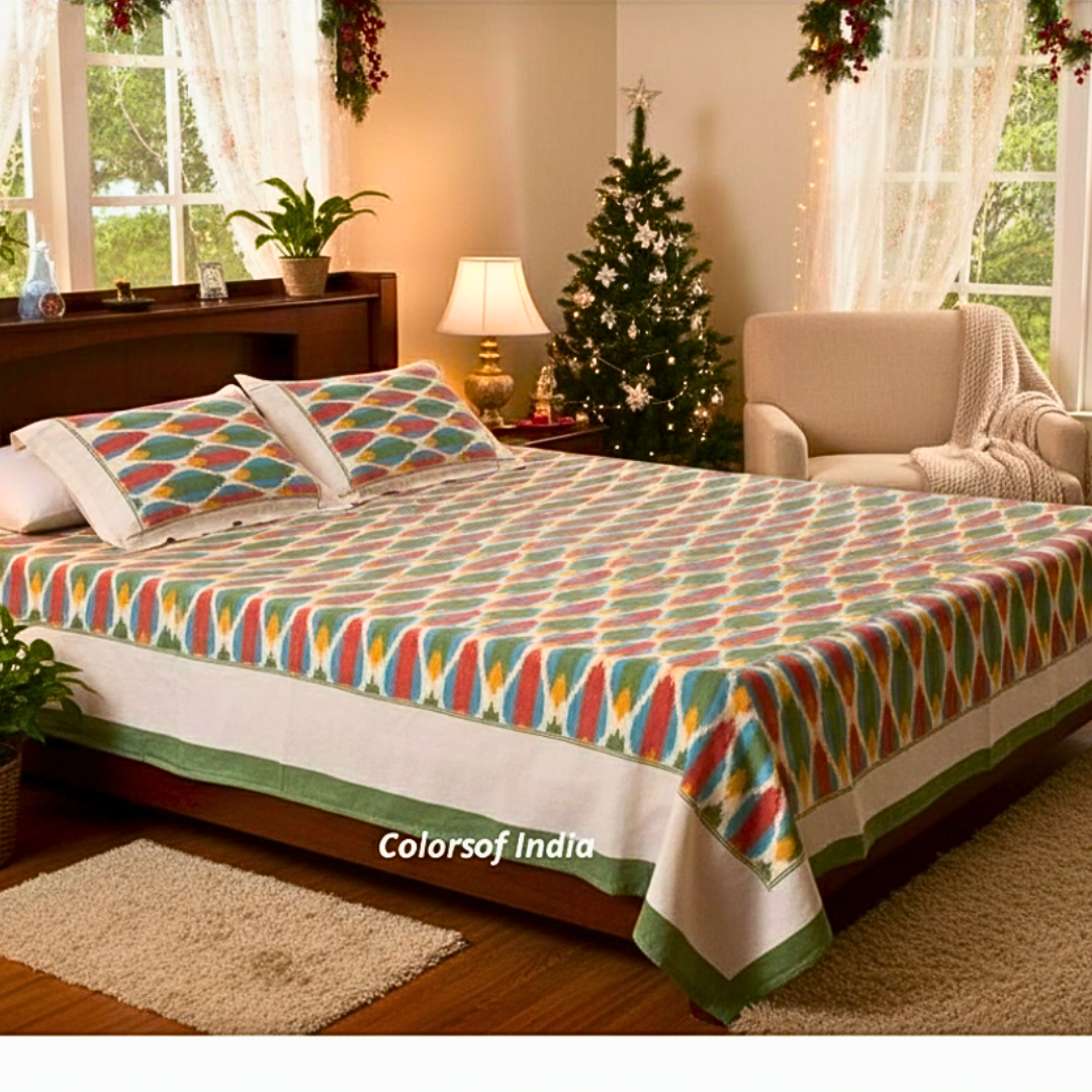 Pastel Ikat Cotton Bedspread Queen Size with Pillow Covers