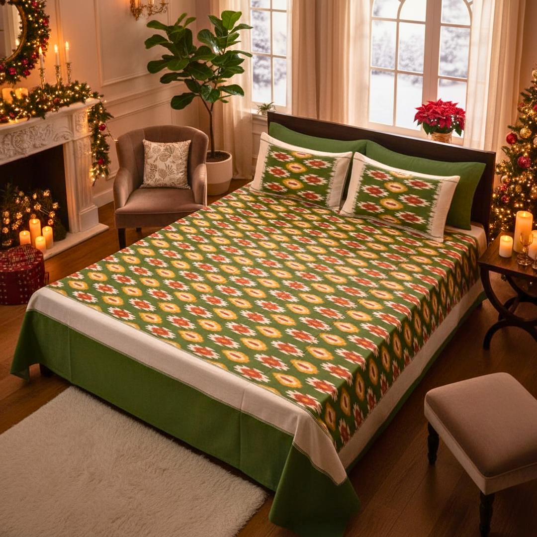 Green Ikat Cotton Queen  Bedspread With Pillow Covers