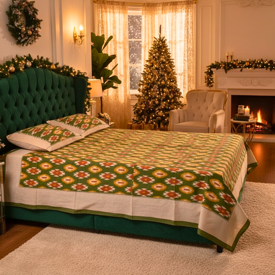 Green Ikat Cotton Queen  Bedspread With Pillow Covers