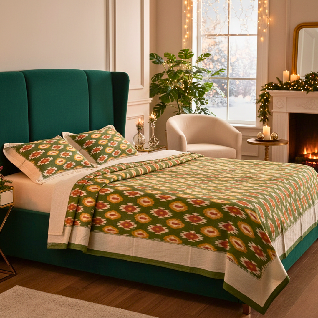 Green Ikat Cotton Queen  Bedspread With Pillow Covers