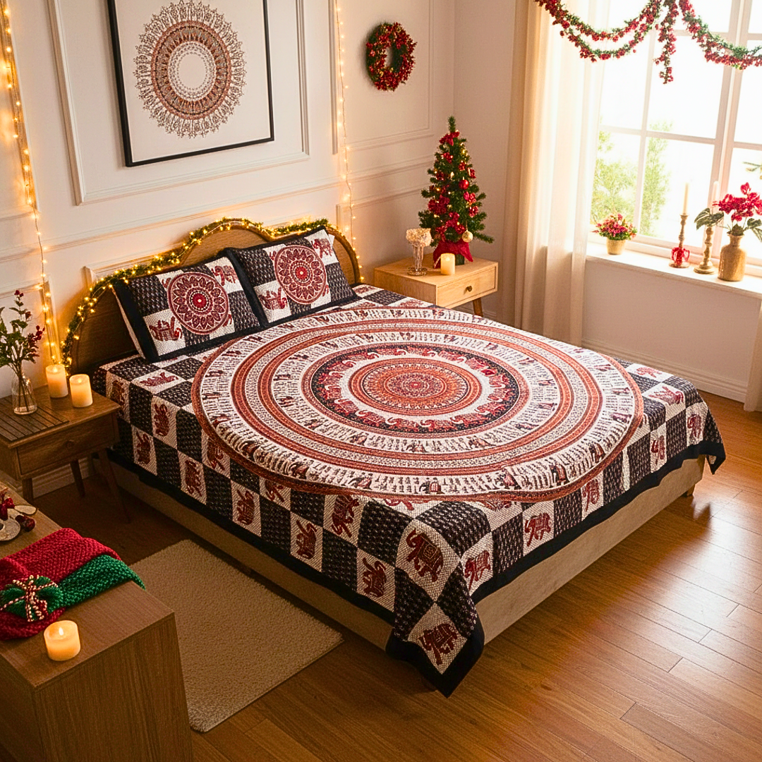 Black & White  100% Cotton Queen Size Bedcover , Ethnic Jaipuri Bedsheet