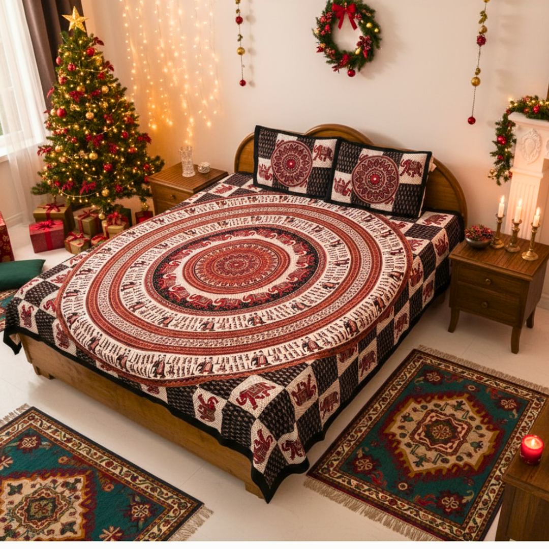 Black & White  100% Cotton Queen Size Bedcover , Ethnic Jaipuri Bedsheet