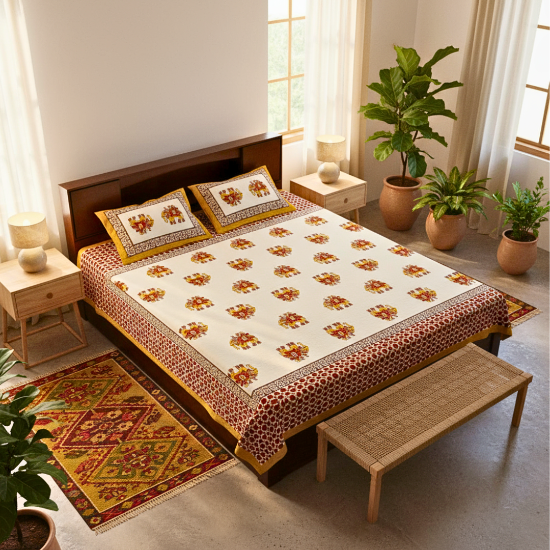 White Handblock Printed Cotton Queen Size Bedsheeet