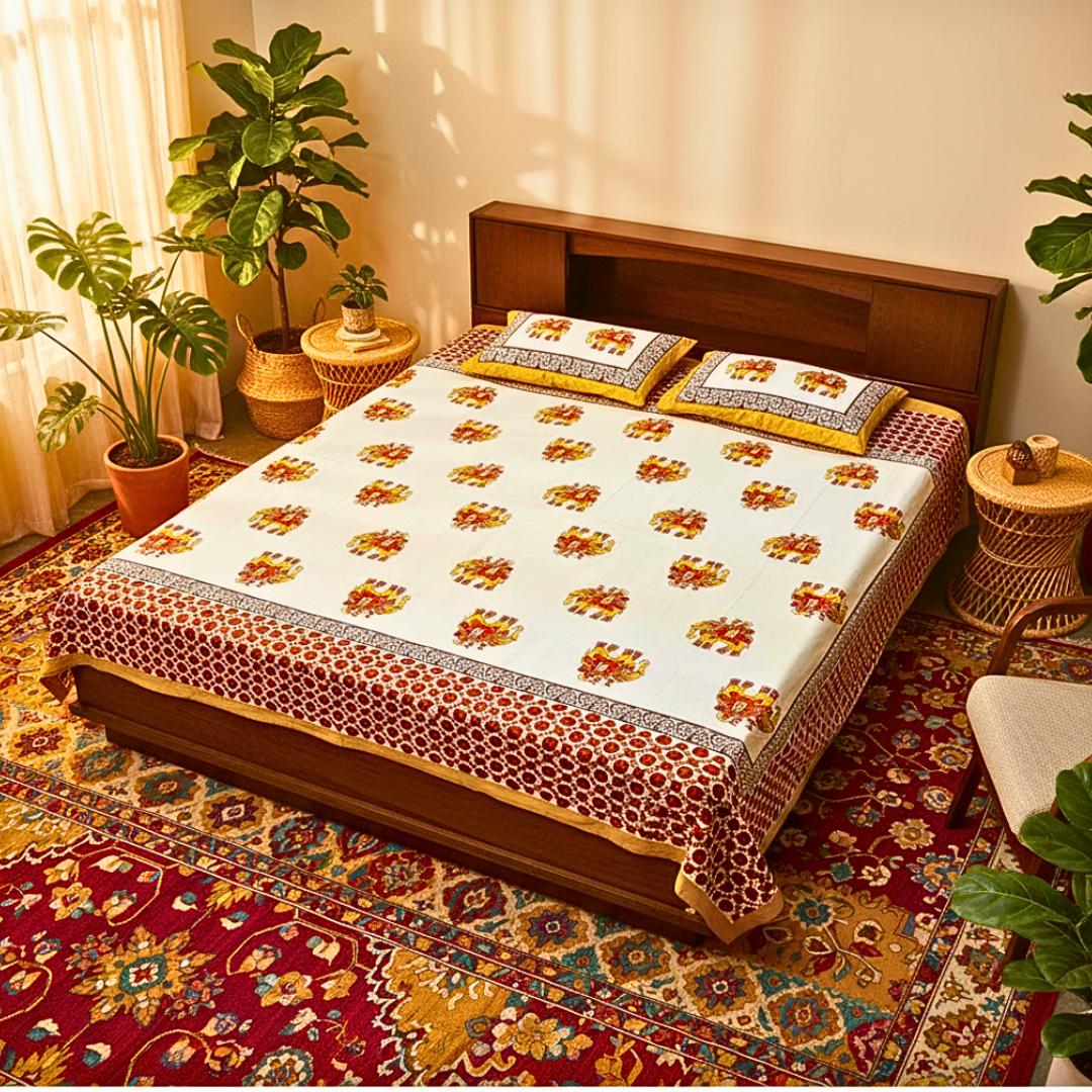 White Handblock Printed Cotton Queen Size Bedsheeet