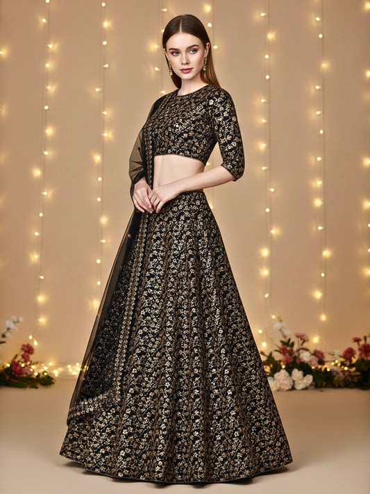 Black  Golden Embroidered Bridal & Party Wear Lehenga Choli