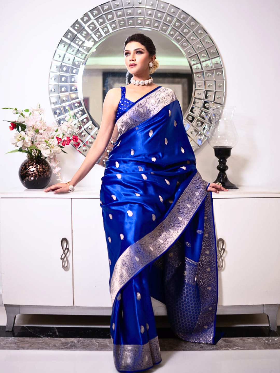 Royal Blue Banarasi Mashru Silk Saree with Zari Border | Wedding & Party Wear Saree