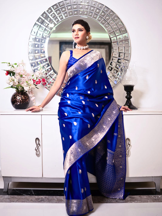 Royal Blue Banarasi Mashru Silk Saree with Zari Border | Wedding & Party Wear Saree