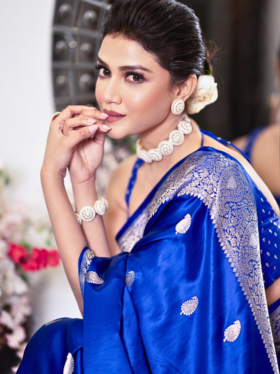 Royal Blue Banarasi Mashru Silk Saree with Zari Border | Wedding & Party Wear Saree