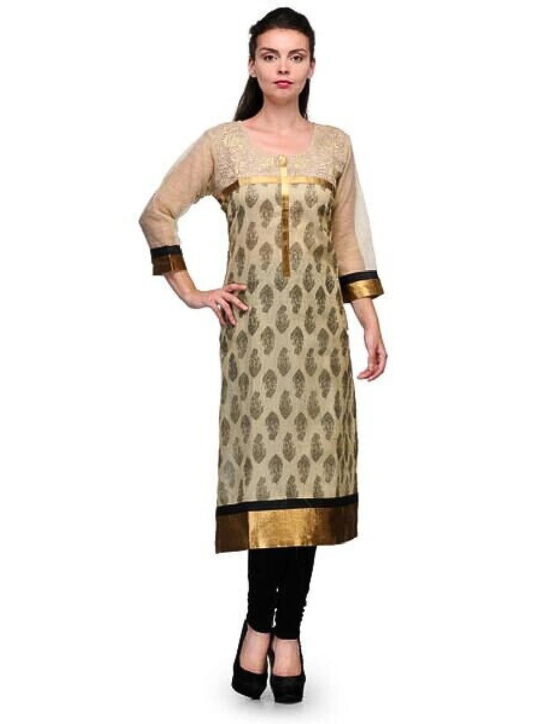 Beige Embroidered Summer Kurta with Golden Border