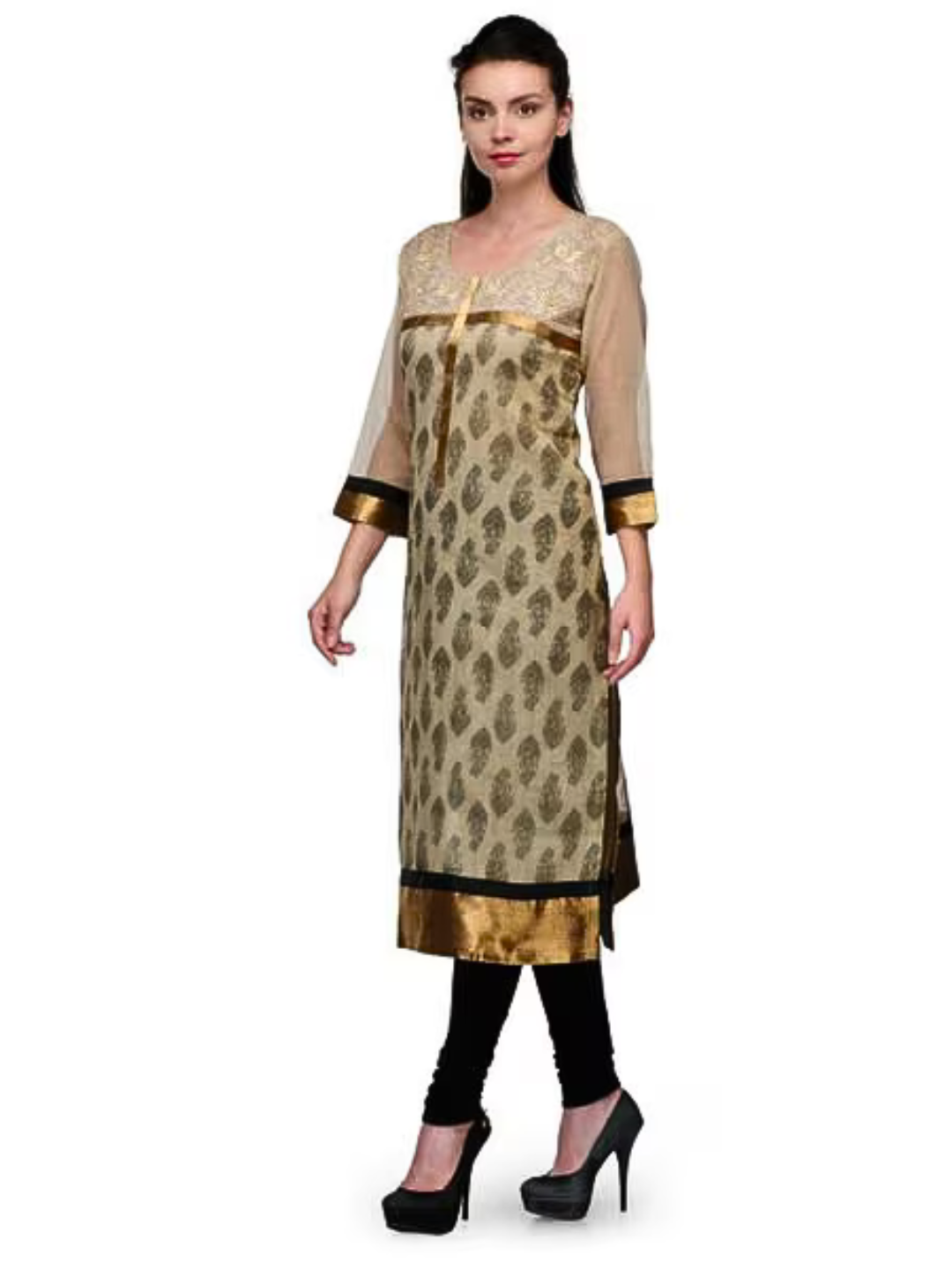 Beige Embroidered Summer Kurta with Golden Border
