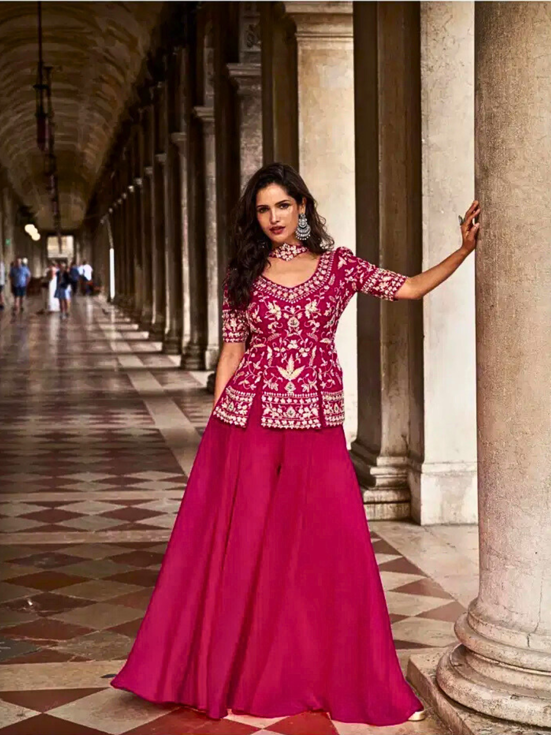 Magenta Party Wear Embellished Organza Top & Palazzo Suit