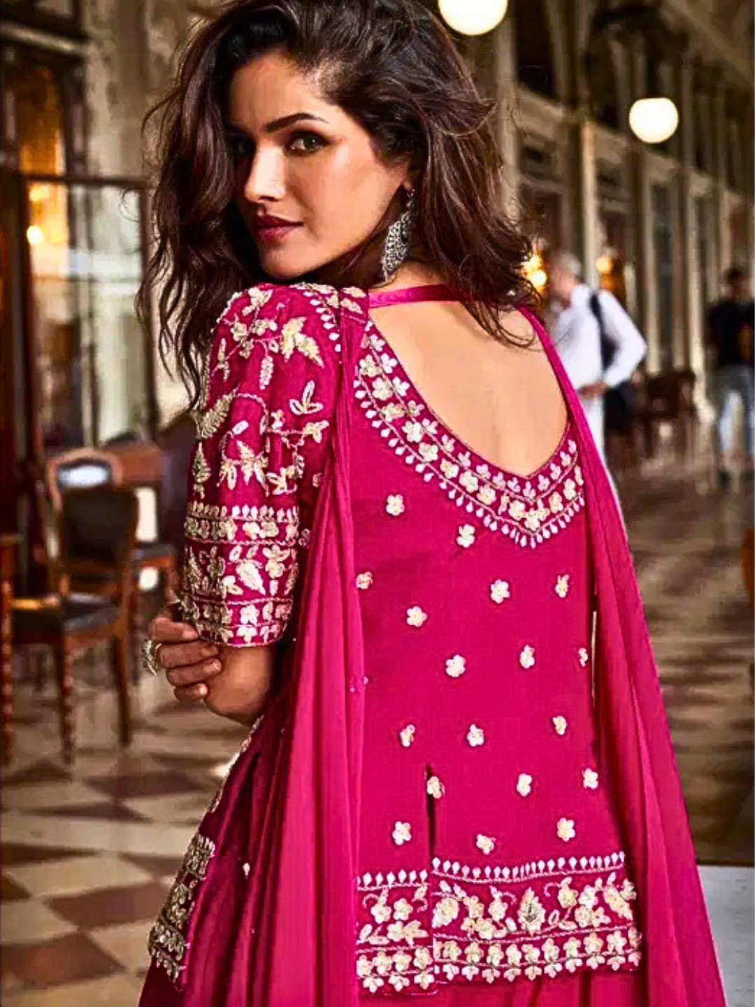 Magenta Party Wear Embellished Organza Top & Palazzo Suit