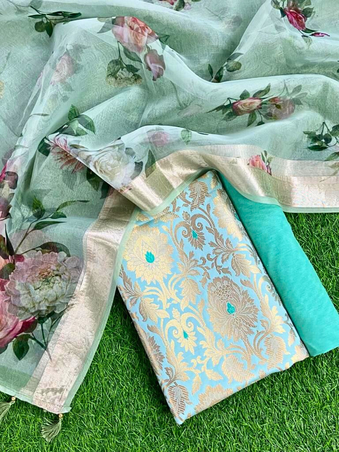 Banarasi Brocade Unstitched Suit with Printed Silk Organza Dupatta