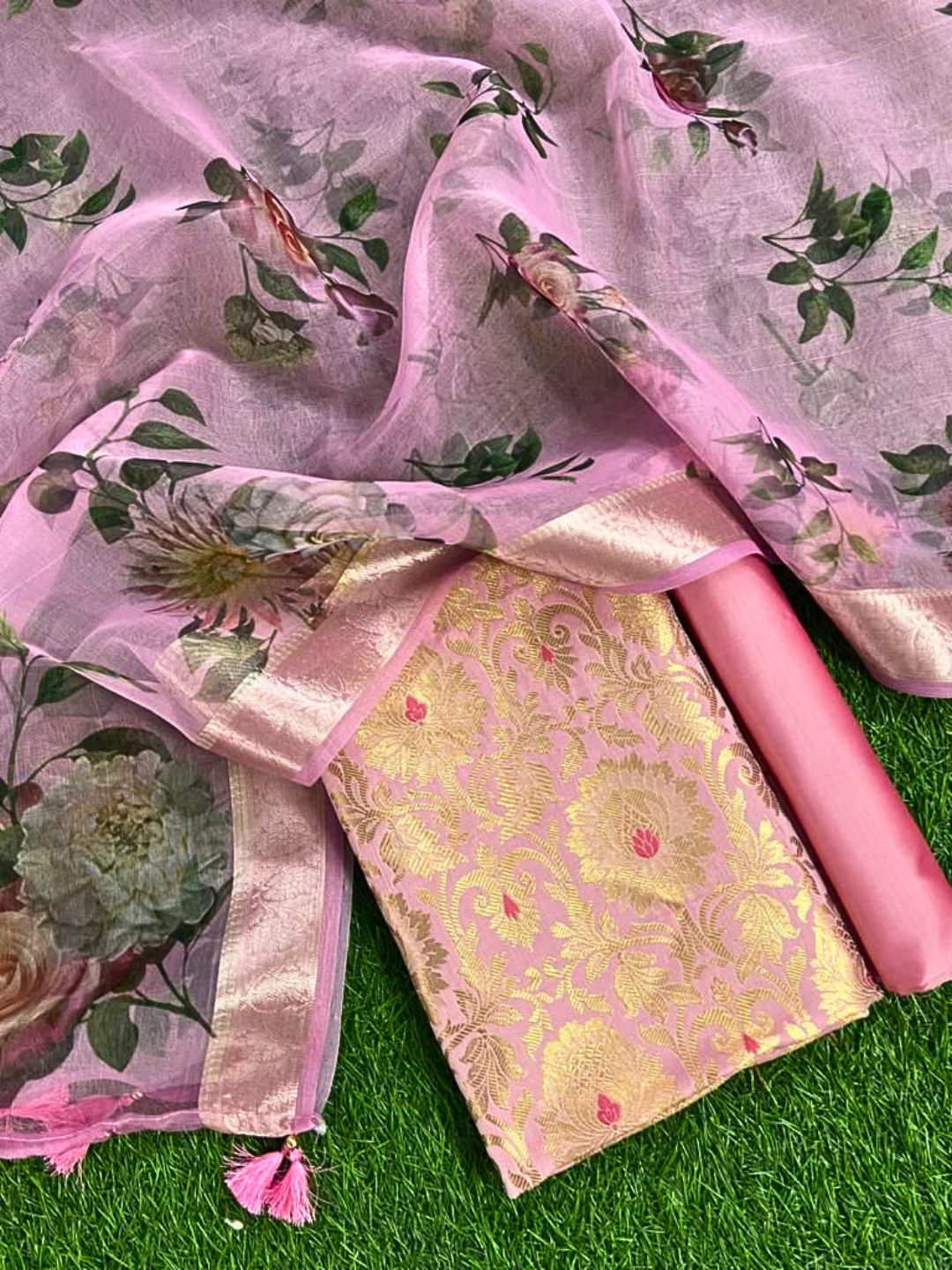 Banarasi Brocade Unstitched Suit with Printed Silk Organza Dupatta