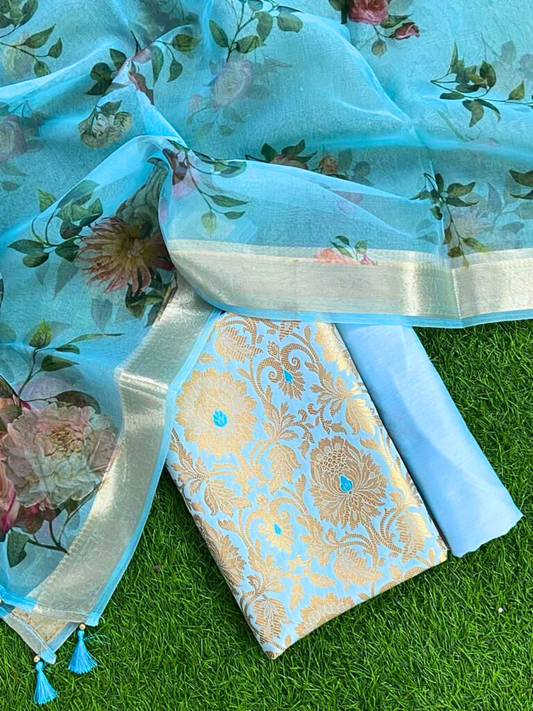 Banarasi Brocade Unstitched Suit with Printed Silk Organza Dupatta