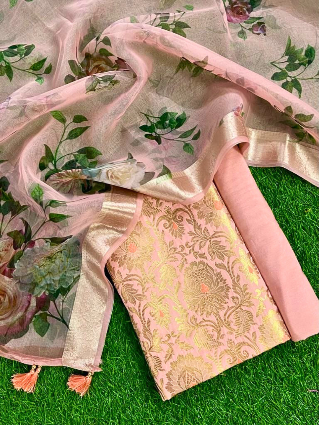 Banarasi Brocade Unstitched Suit with Printed Silk Organza Dupatta