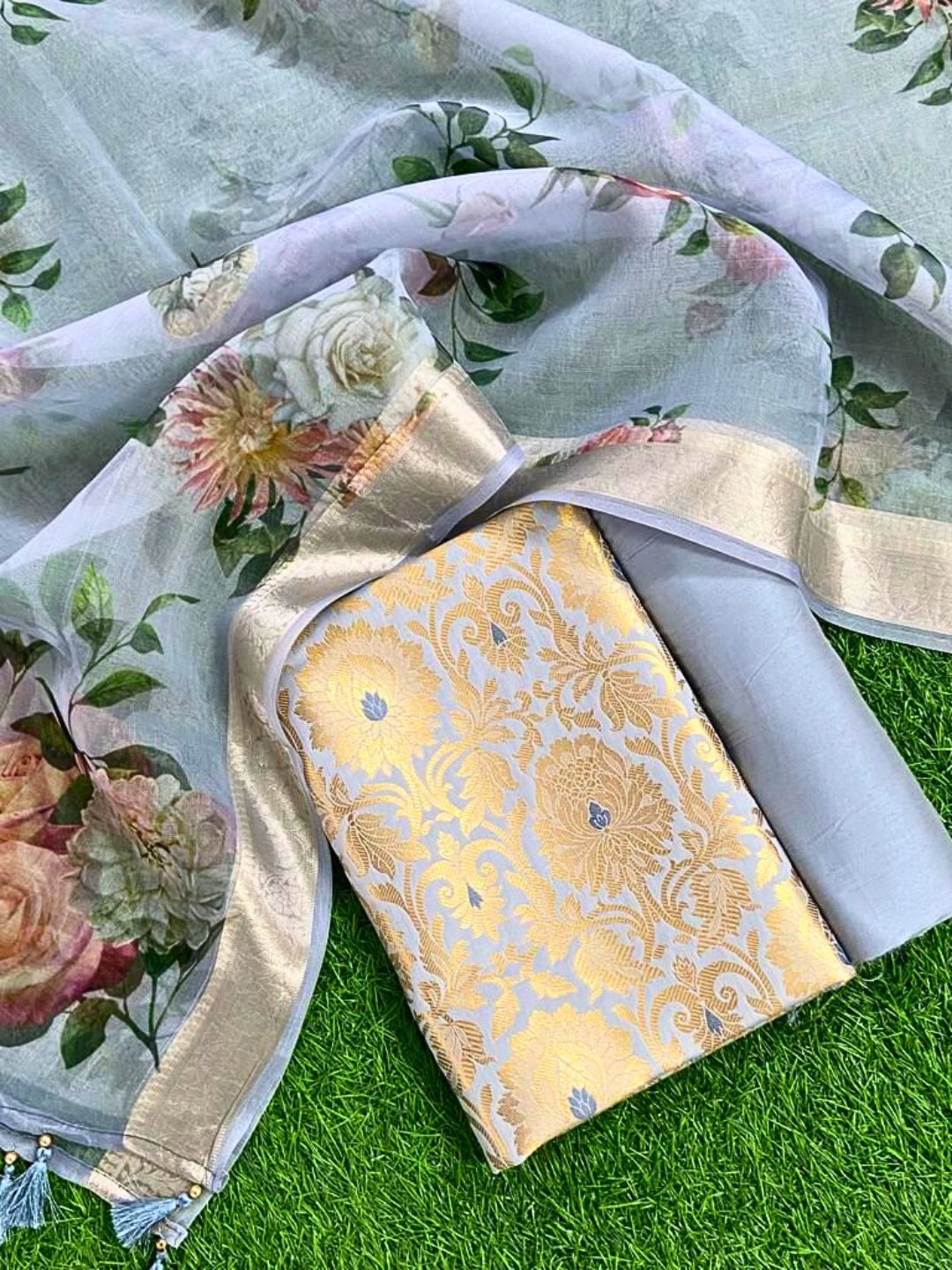 Banarasi Brocade Unstitched Suit with Printed Silk Organza Dupatta