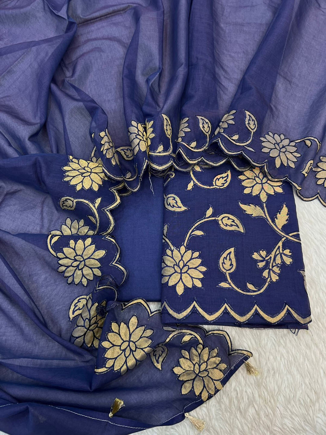 Pure Chanderi Applique Suit Set | Unstitched Designer Dress Material