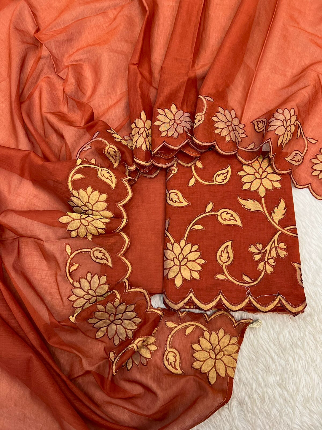 Pure Chanderi Applique Suit Set | Unstitched Designer Dress Material