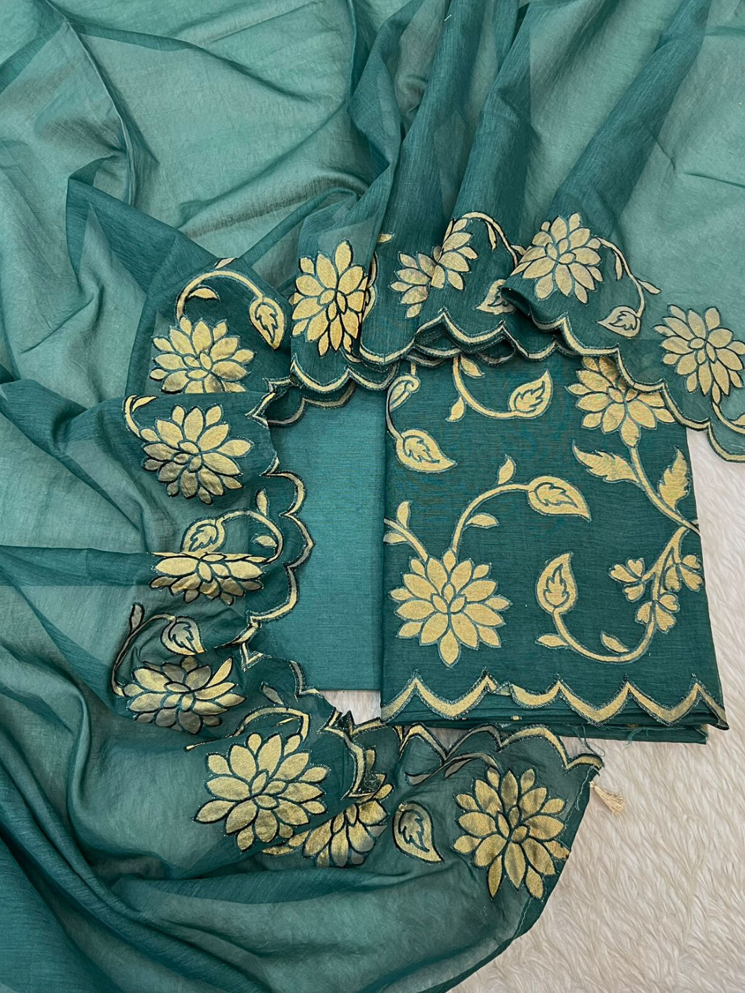 Pure Chanderi Applique Suit Set | Unstitched Designer Dress Material